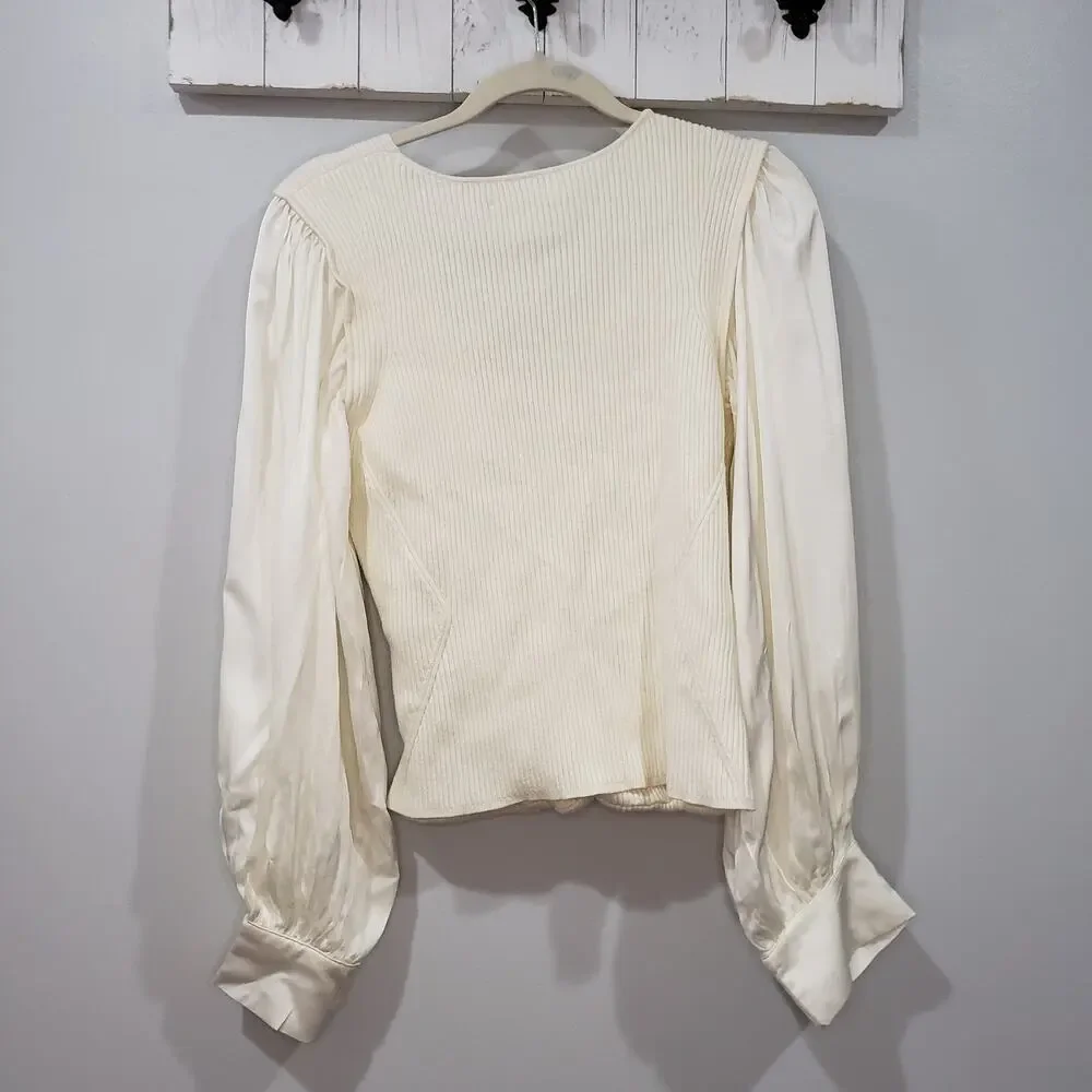 Anthropologie Ivory Ribbed Wrap Top Puff Sleeve Long Sleeve Women's L